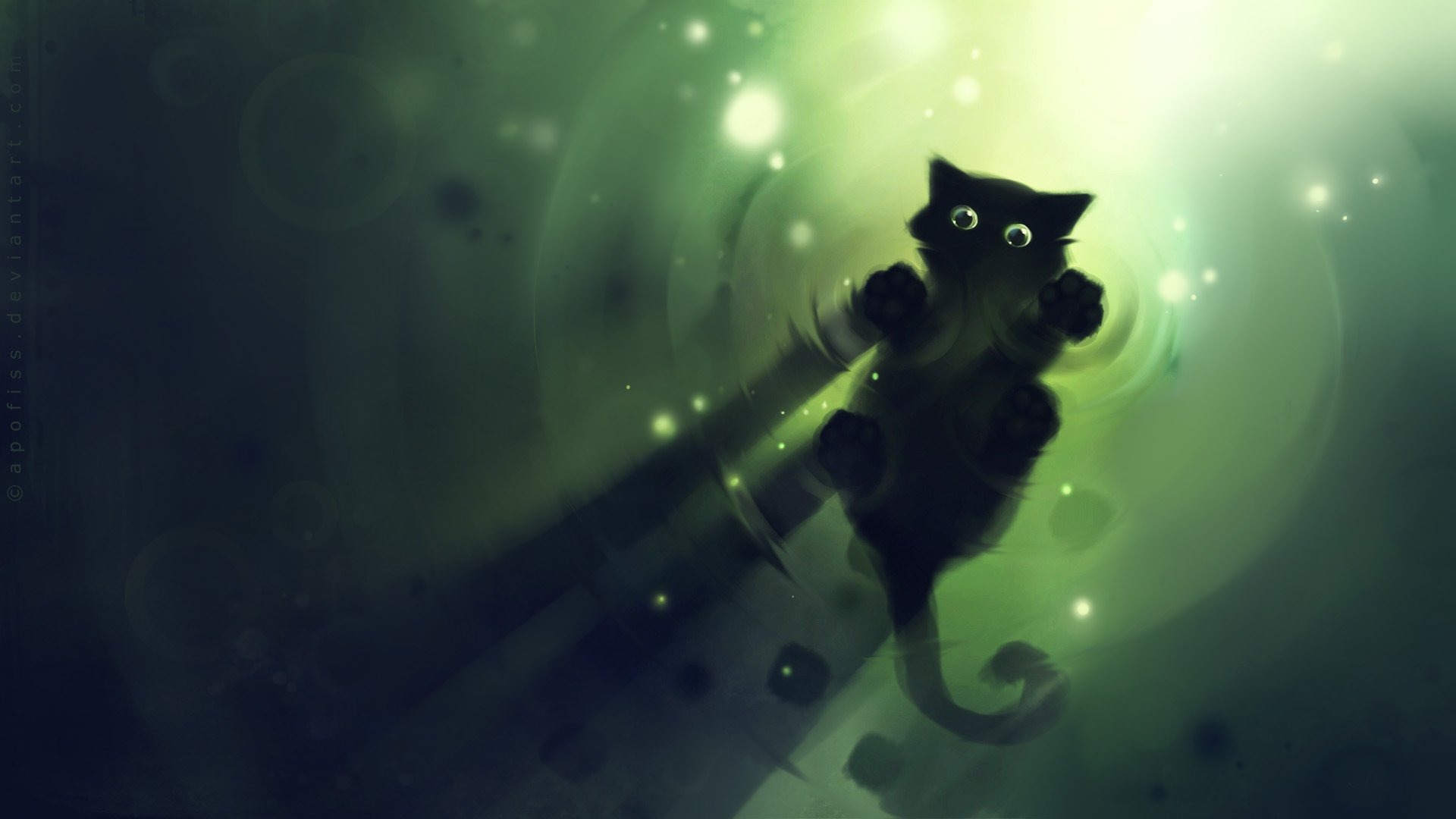 Apofiss маленький черный кот обои иллюстрации акварелью #9 - 1920x1080