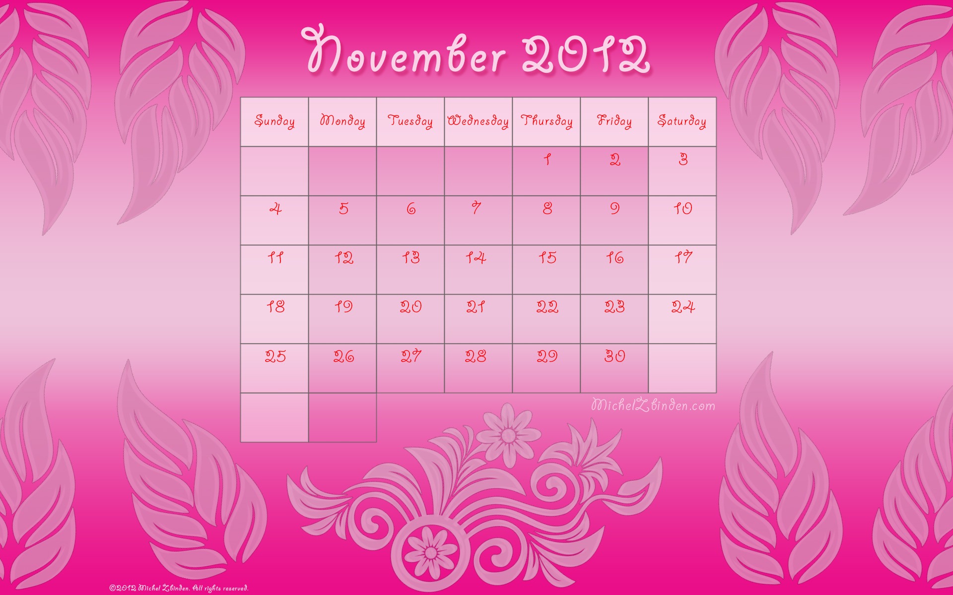 Novembre 2012 Calendar Wallpaper (1) #3 - 1920x1200