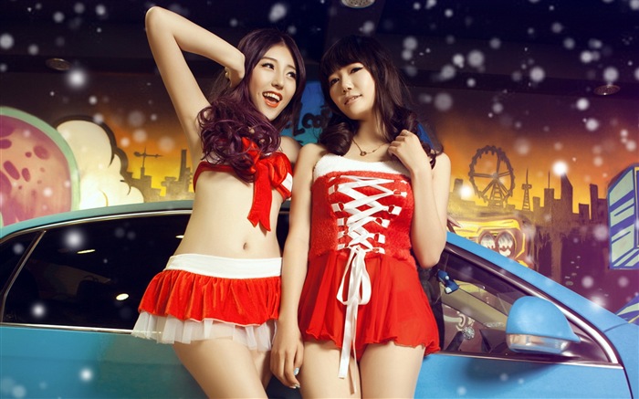 新年喜慶的紅色裝美女車模 高清壁紙 #1