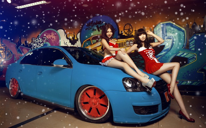 新年喜慶的紅色裝美女車模 高清壁紙 #11