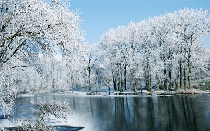 冬天的雪景，山，湖，树木，道路 高清壁纸1