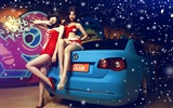 신년 축제 빨간 드레스 아름다운 자동차 모델의 HD 배경 화면 #6